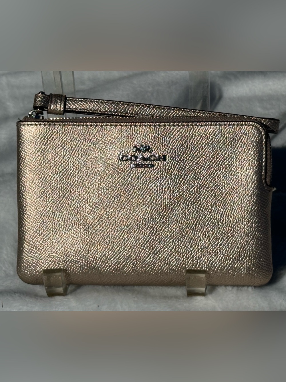 Coach Metallic Gold Pebbled Leather Corner Zip Wristlet EUC